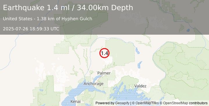 Earthquake 44 km ENE of Susitna North, Alaska (1.4 ml) (2025-07-26 18:59:33 UTC)