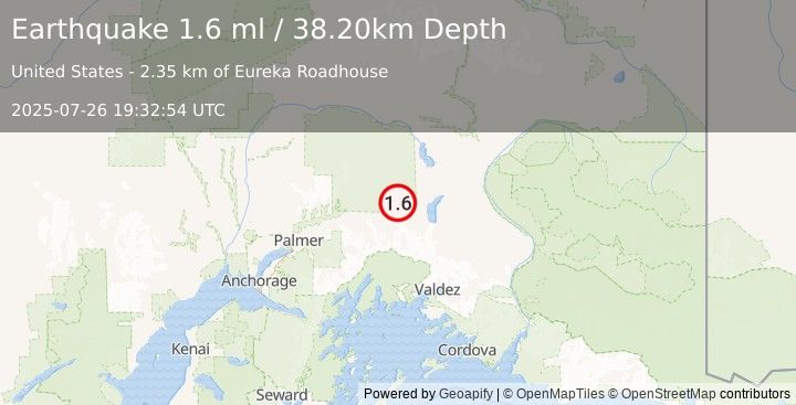 Earthquake 2 km NE of Eureka Roadhouse, Alaska (1.6 ml) (2025-07-26 19:32:54 UTC)