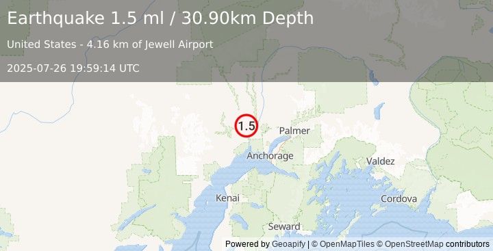 Earthquake 16 km NNW of Susitna, Alaska (1.5 ml) (2025-07-26 19:59:14 UTC)