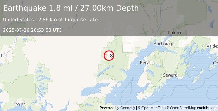 Earthquake 70 km NNE of Port Alsworth, Alaska (1.8 ml) (2025-07-26 20:53:53 UTC)