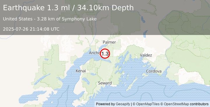 Earthquake 13 km SE of Elmendorf Air Force Base, Alaska (1.3 ml) (2025-07-26 21:14:08 UTC)