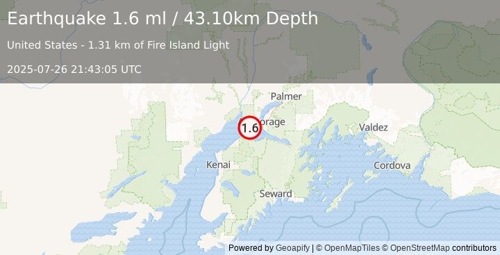 Earthquake 21 km WSW of Anchorage, Alaska (1.6 ml) (2025-07-26 21:43:05 UTC)