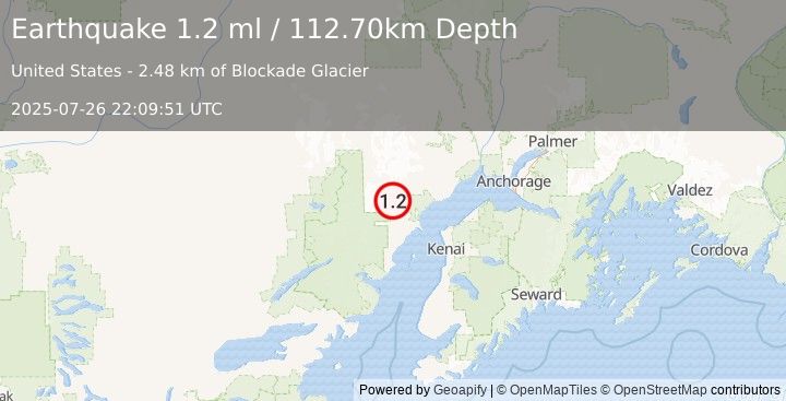 Earthquake 64 km W of Tyonek, Alaska (1.2 ml) (2025-07-26 22:09:51 UTC)