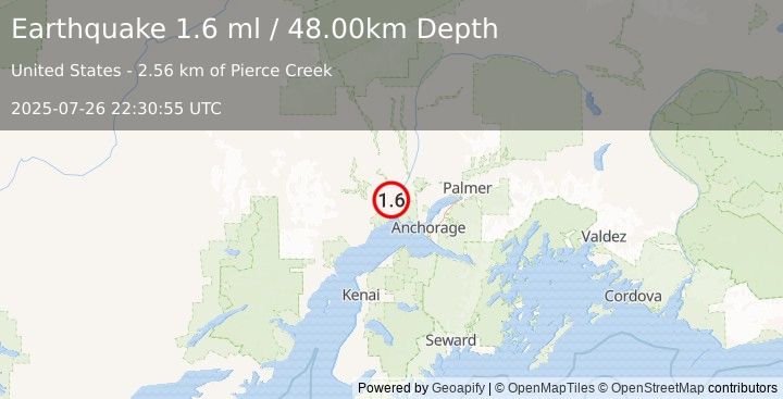 Earthquake 9 km SW of Susitna, Alaska (1.6 ml) (2025-07-26 22:30:55 UTC)