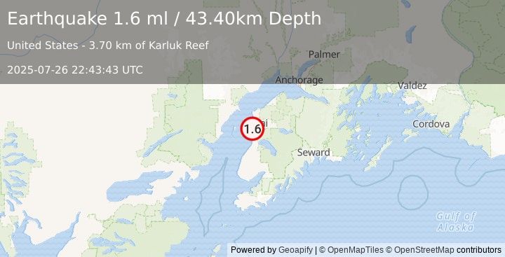Earthquake 6 km NNW of Kalifornsky, Alaska (1.6 ml) (2025-07-26 22:43:43 UTC)