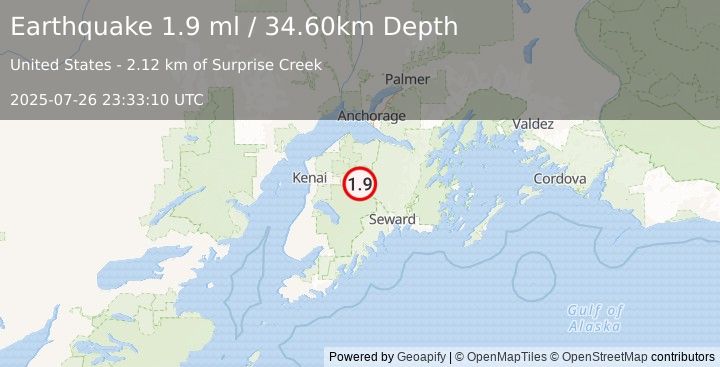 Earthquake 17 km W of Cooper Landing, Alaska (1.9 ml) (2025-07-26 23:33:10 UTC)