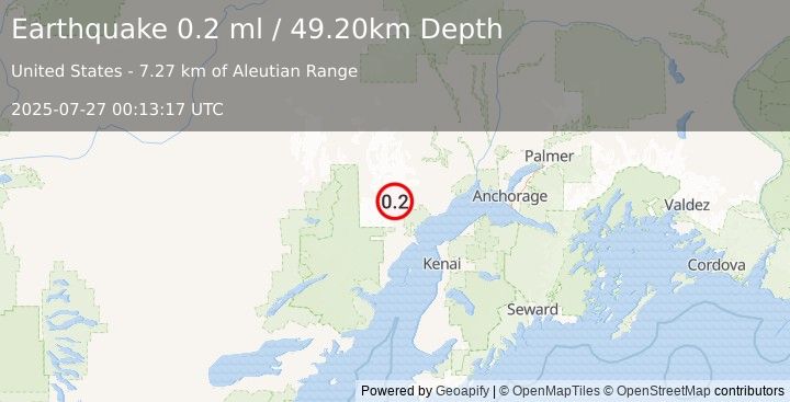 Earthquake 58 km W of Tyonek, Alaska (0.2 ml) (2025-07-27 00:13:17 UTC)