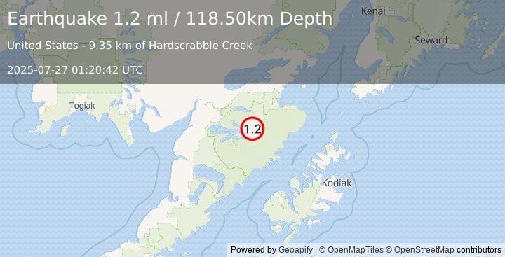 Earthquake 85 km S of Kokhanok, Alaska (1.2 ml) (2025-07-27 01:20:42 UTC)