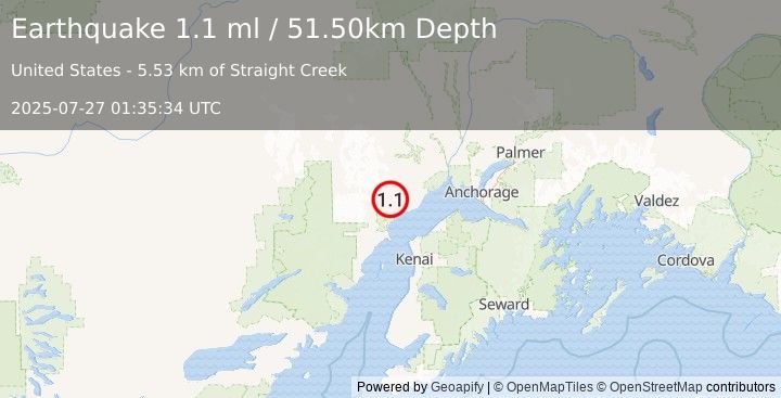 Earthquake 33 km WNW of Tyonek, Alaska (1.1 ml) (2025-07-27 01:35:34 UTC)