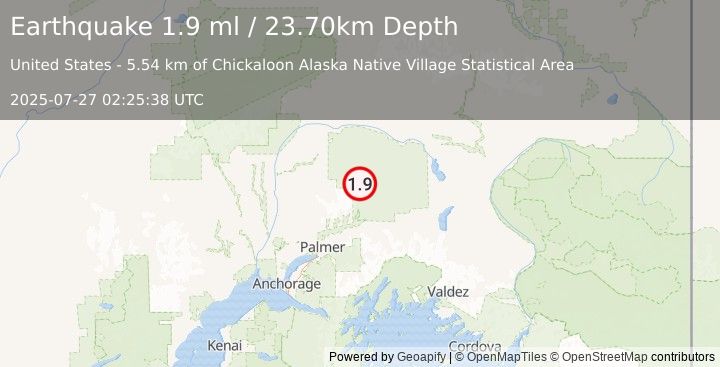 Earthquake 51 km N of Chickaloon, Alaska (1.9 ml) (2025-07-27 02:25:38 UTC)