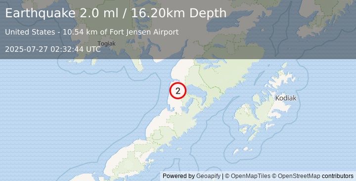 Earthquake 29 km SSE of Egegik, Alaska (2.0 ml) (2025-07-27 02:32:44 UTC)