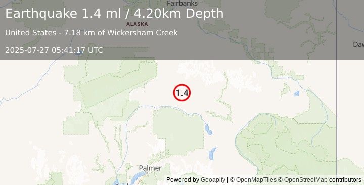 Earthquake 68 km ESE of Cantwell, Alaska (1.4 ml) (2025-07-27 05:41:17 UTC)