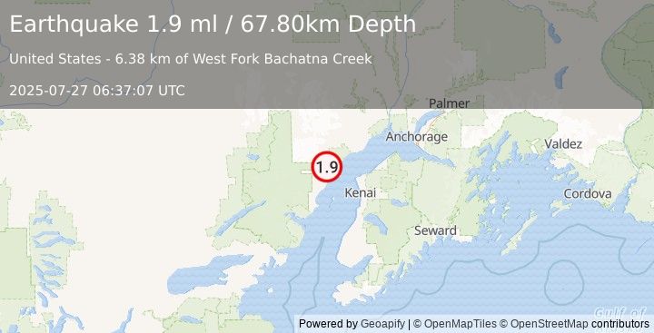 Earthquake 46 km WNW of Nikiski, Alaska (1.9 ml) (2025-07-27 06:37:07 UTC)