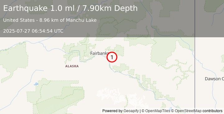 Earthquake 11 km ENE of Eielson Air Force Base, Alaska (1.0 ml) (2025-07-27 06:54:54 UTC)