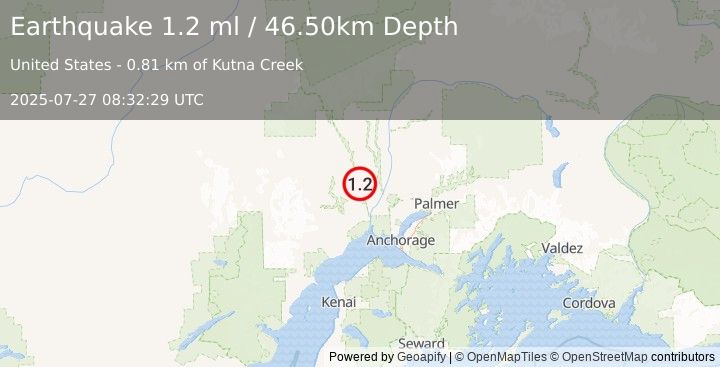 Earthquake 32 km NNW of Susitna, Alaska (1.2 ml) (2025-07-27 08:32:29 UTC)