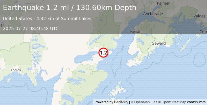 Earthquake 24 km ESE of Pedro Bay, Alaska (1.2 ml) (2025-07-27 08:40:48 UTC)