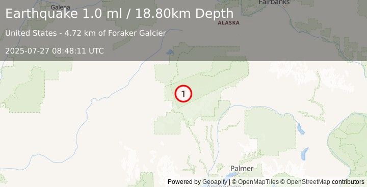 Earthquake 49 km S of Denali National Park, Alaska (1.0 ml) (2025-07-27 08:48:11 UTC)
