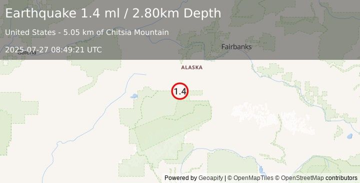 Earthquake 53 km W of Ferry, Alaska (1.4 ml) (2025-07-27 08:49:21 UTC)