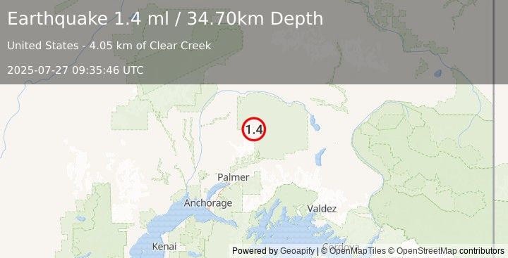 Earthquake 56 km N of Chickaloon, Alaska (1.4 ml) (2025-07-27 09:35:46 UTC)
