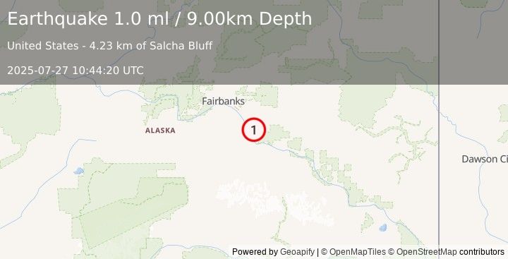 Earthquake 10 km SE of Salcha, Alaska (1.0 ml) (2025-07-27 10:44:20 UTC)