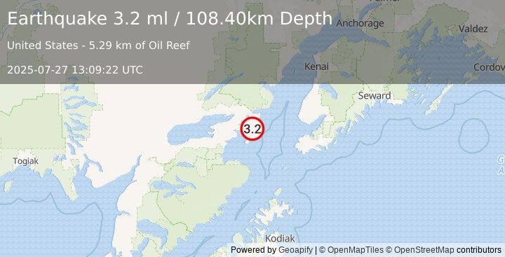 Earthquake 52 km ESE of Pedro Bay, Alaska (3.2 ml) (2025-07-27 13:09:22 UTC)