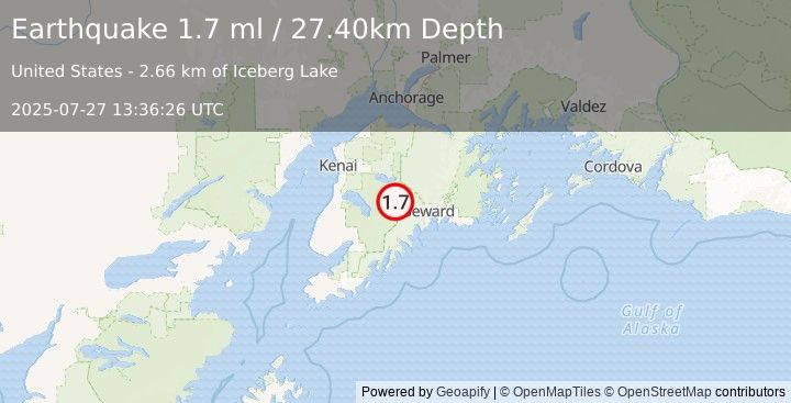 Earthquake 36 km SSW of Cooper Landing, Alaska (1.7 ml) (2025-07-27 13:36:26 UTC)