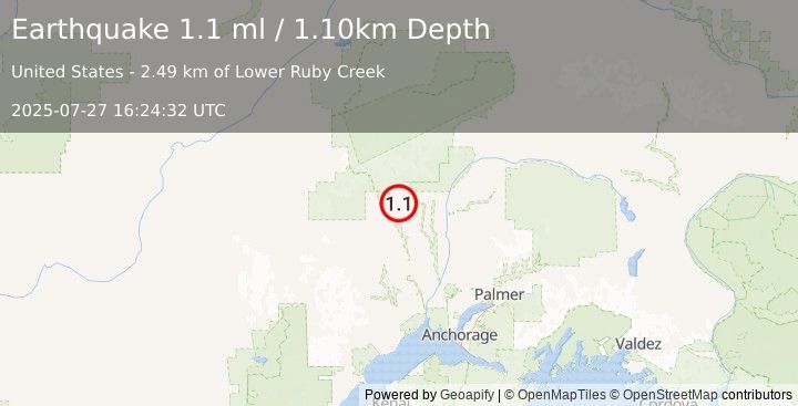 Earthquake 17 km WSW of Petersville, Alaska (1.1 ml) (2025-07-27 16:24:32 UTC)