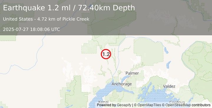 Earthquake 29 km SSW of Petersville, Alaska (1.2 ml) (2025-07-27 18:08:06 UTC)
