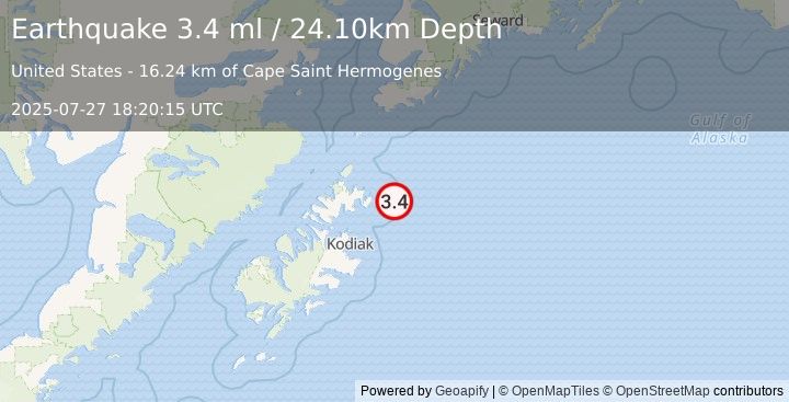 Earthquake 68 km ENE of Ouzinkie, Alaska (3.4 ml) (2025-07-27 18:20:15 UTC)