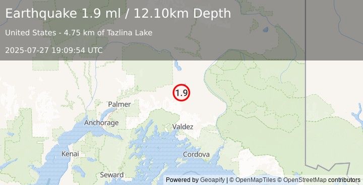 Earthquake 25 km S of Mendeltna, Alaska (1.9 ml) (2025-07-27 19:09:54 UTC)
