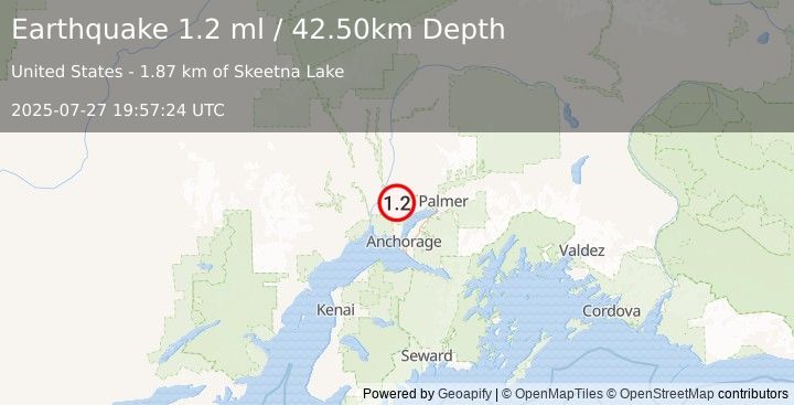Earthquake 8 km NNW of Big Lake, Alaska (1.2 ml) (2025-07-27 19:57:24 UTC)