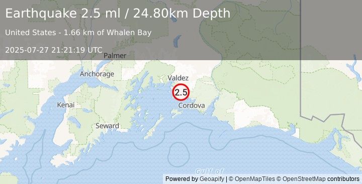 Earthquake 25 km E of Tatitlek, Alaska (2.5 ml) (2025-07-27 21:21:19 UTC)