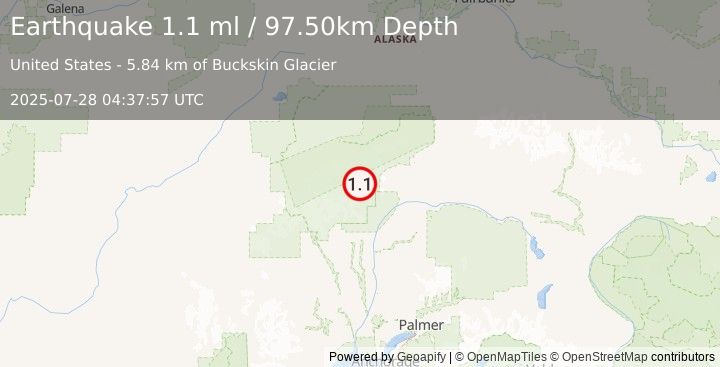 Earthquake 62 km NNE of Petersville, Alaska (1.1 ml) (2025-07-28 04:37:57 UTC)