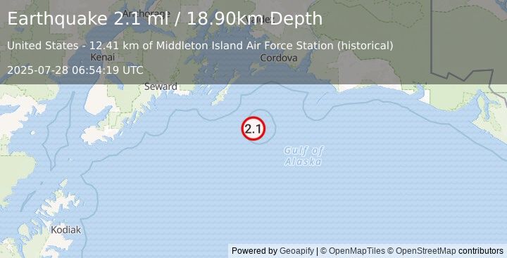 Earthquake 108 km SE of Chenega, Alaska (2.1 ml) (2025-07-28 06:54:19 UTC)