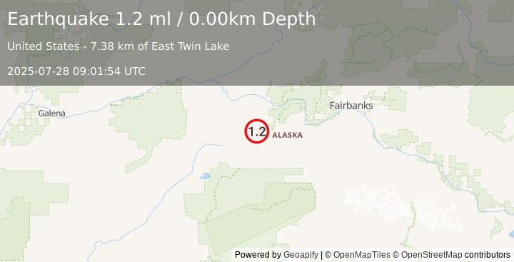 Earthquake 56 km S of Manley Hot Springs, Alaska (1.2 ml) (2025-07-28 09:01:54 UTC)