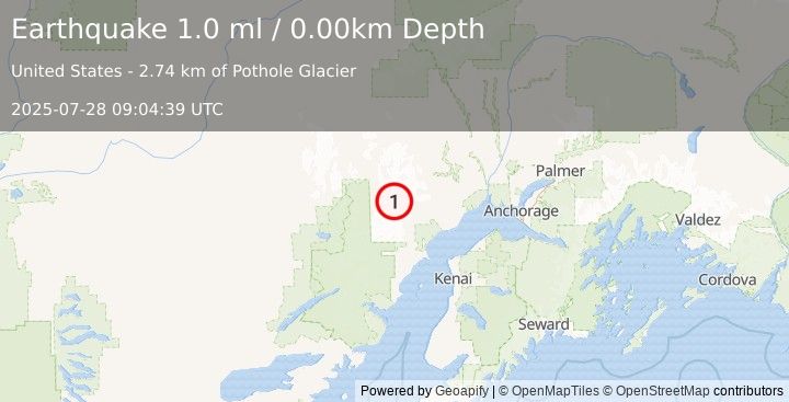 Earthquake 74 km WNW of Tyonek, Alaska (1.0 ml) (2025-07-28 09:04:39 UTC)