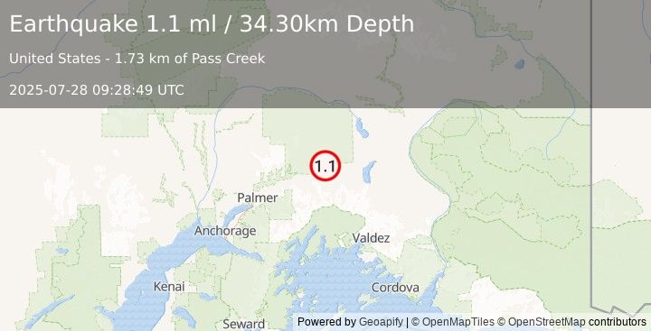 Earthquake 15 km WNW of Eureka Roadhouse, Alaska (1.1 ml) (2025-07-28 09:28:49 UTC)
