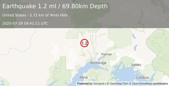 Earthquake 15 km NE of Skwentna, Alaska (1.2 ml) (2025-07-28 09:41:22 UTC)