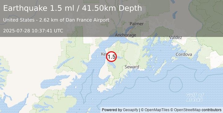 Earthquake 8 km WSW of Funny River, Alaska (1.5 ml) (2025-07-28 10:37:41 UTC)