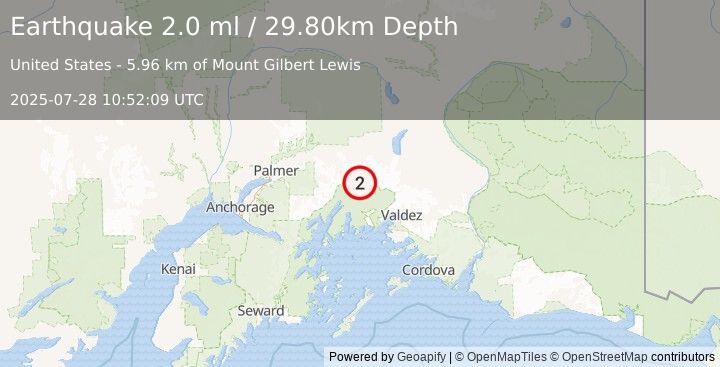 Earthquake 43 km SSE of Glacier View, Alaska (2.0 ml) (2025-07-28 10:52:09 UTC)