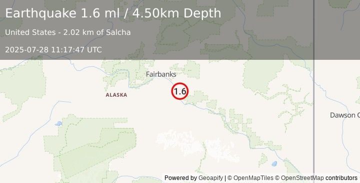 Earthquake 2 km SSE of Salcha, Alaska (1.6 ml) (2025-07-28 11:17:47 UTC)