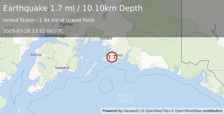 Earthquake 11 km SW of Cordova, Alaska (1.7 ml) (2025-07-28 13:32:00 UTC)
