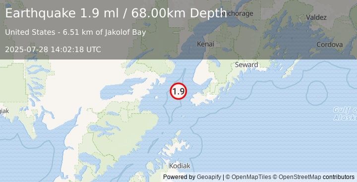 Earthquake 34 km WNW of Nanwalek, Alaska (1.9 ml) (2025-07-28 14:02:18 UTC)