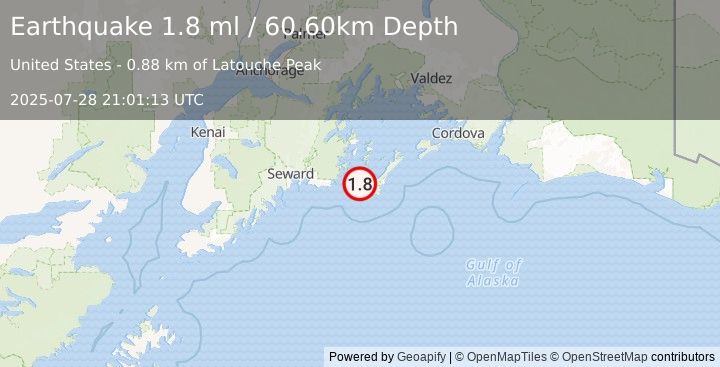 Earthquake 10 km SSE of Chenega, Alaska (1.8 ml) (2025-07-28 21:01:13 UTC)