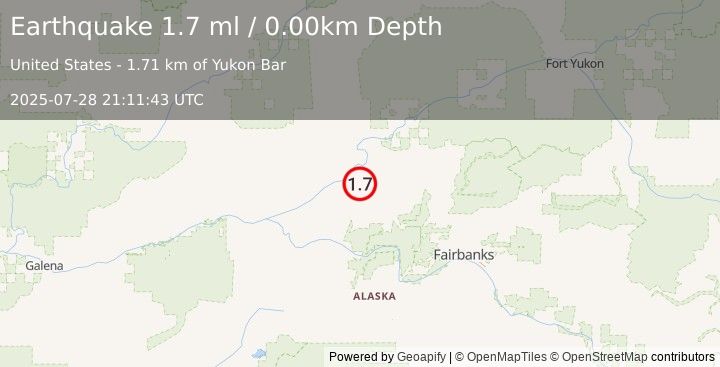 Earthquake 8 km ESE of Rampart, Alaska (1.7 ml) (2025-07-28 21:11:43 UTC)