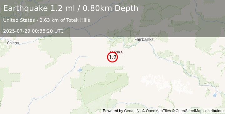 Earthquake 36 km W of Anderson, Alaska (1.2 ml) (2025-07-29 00:36:20 UTC)