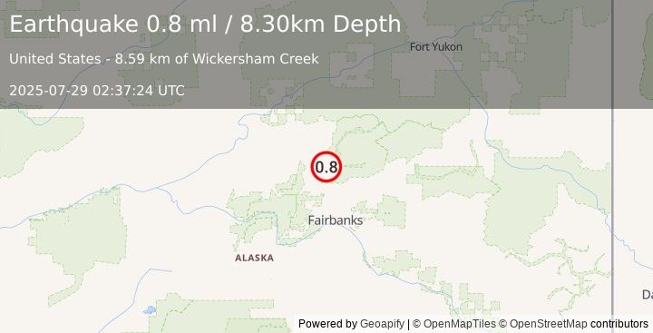 Earthquake 32 km ESE of Livengood, Alaska (0.8 ml) (2025-07-29 02:37:24 UTC)