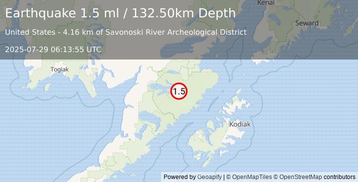 Earthquake 91 km E of King Salmon, Alaska (1.5 ml) (2025-07-29 06:13:55 UTC)