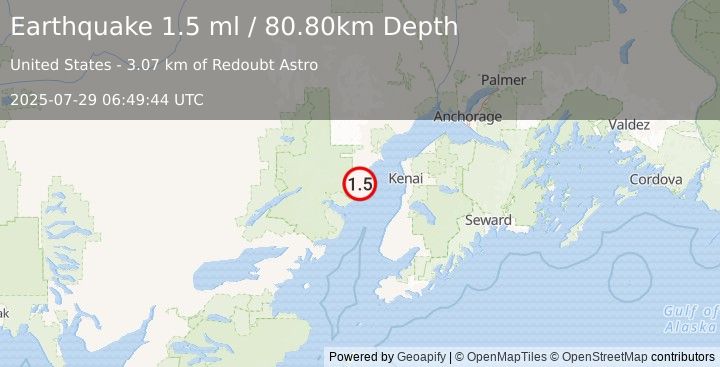 Earthquake 53 km WSW of Salamatof, Alaska (1.5 ml) (2025-07-29 06:49:44 UTC)