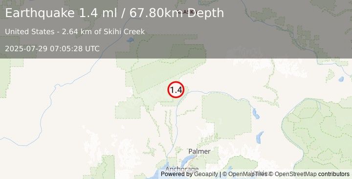 Earthquake 49 km N of Chase, Alaska (1.4 ml) (2025-07-29 07:05:28 UTC)